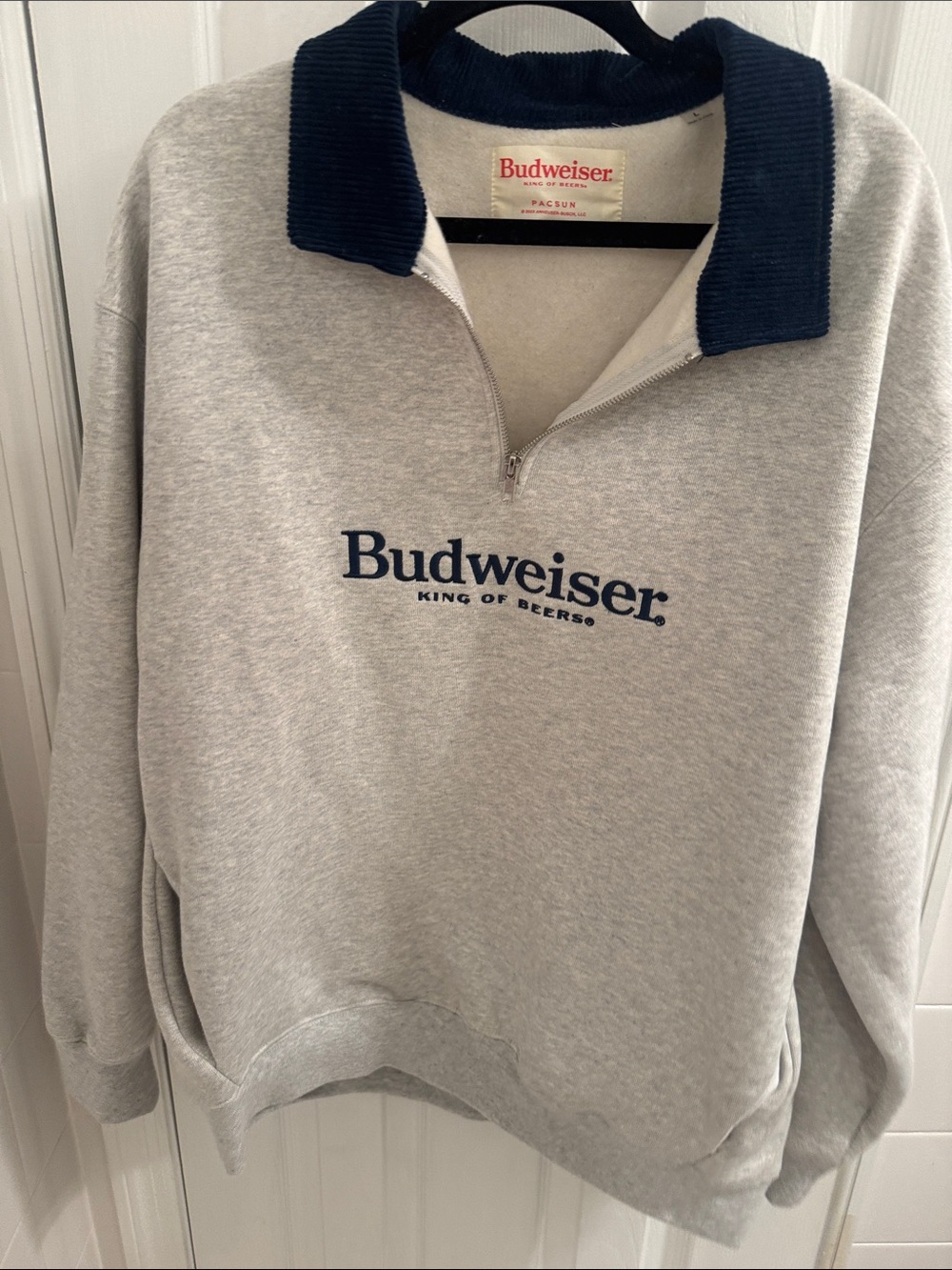 Budweiser Light Gray Quarter-Zip Sweatshirt with Navy Collar
